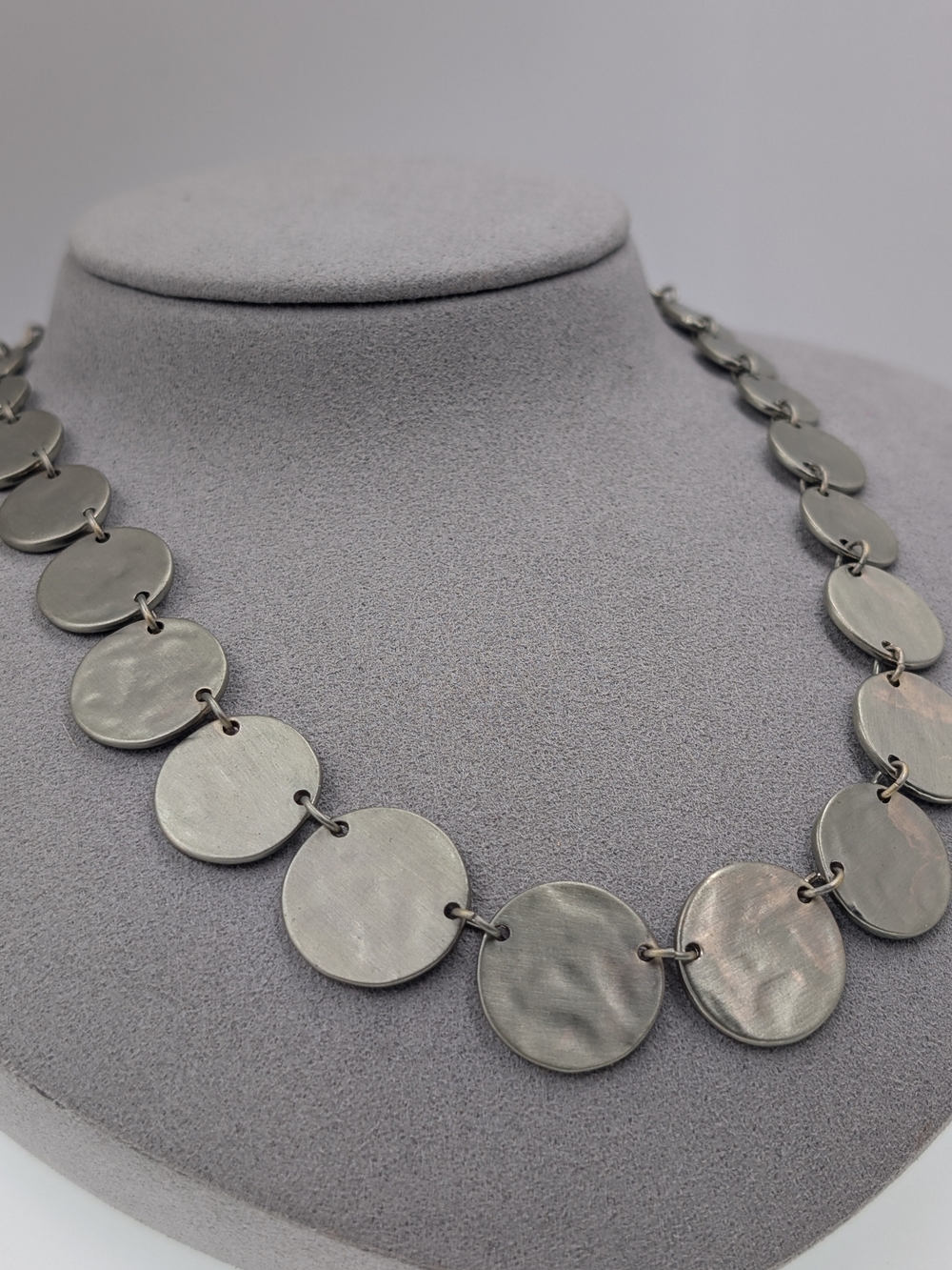 LOFT Gunmetal Brushed Hammered Coin Disc Statement Collar Necklace 0415